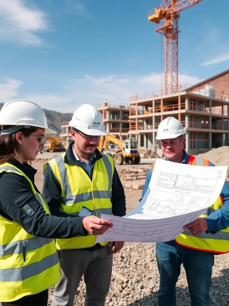 DLM engineers reviewing blueprints on a construction site in Andorra, ensuring structural integrity and compliance with local regulations.